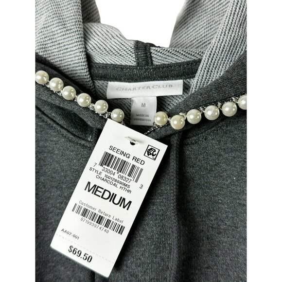 Charter Club Medium Pearl Trim Embellished Hoodie Pullover Sweater Hoodie - Picture 3 of 9